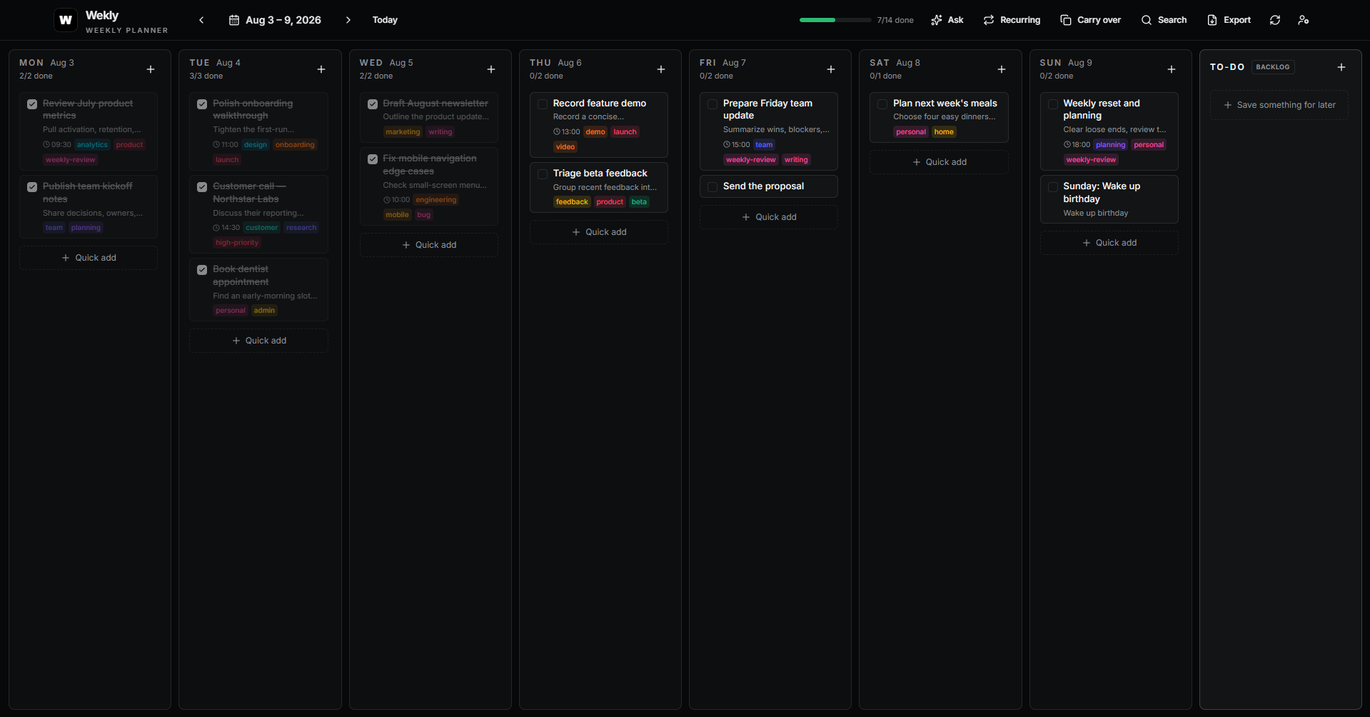 The Wekly weekly planner board showing tasks across Monday to Sunday